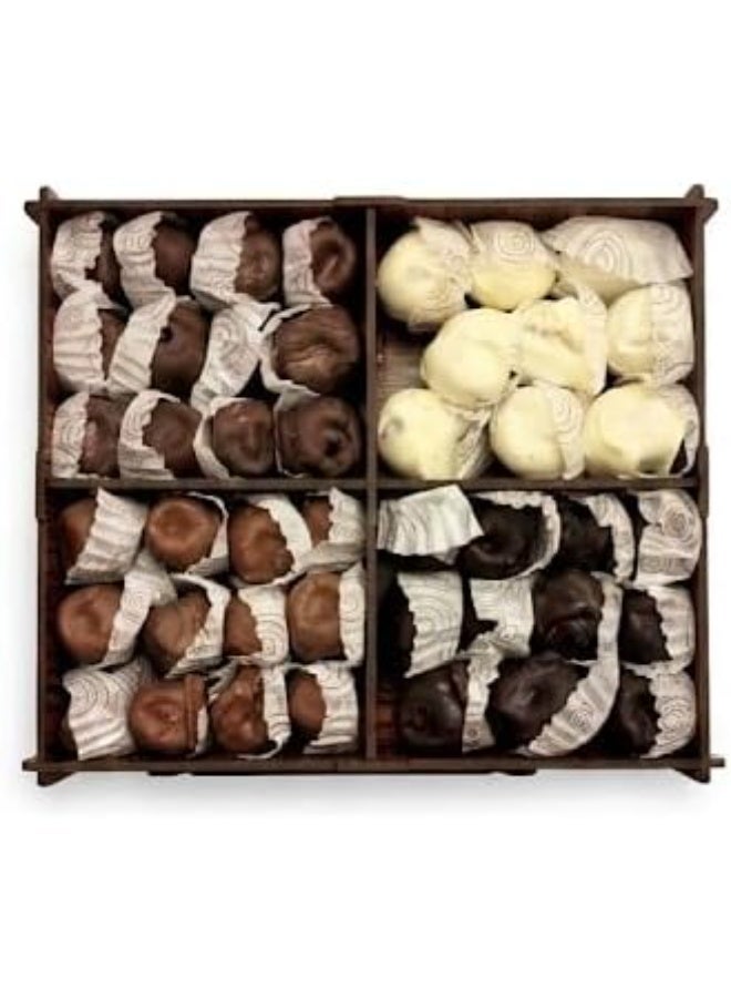 Raheeq Almond-Filled Dates Gift Box Covered with Mixed Chocolate Between 4 Types — Dark, Raw, Milk and White Chocolate — in a Premium Wooden Box - Image 4